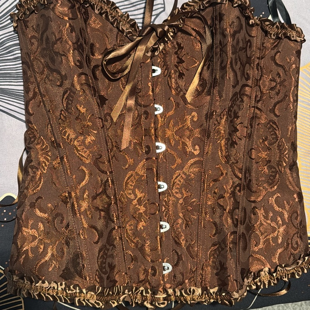 Elegant Brown Lace-Up Corset w/bonus thong (XL fits like L)